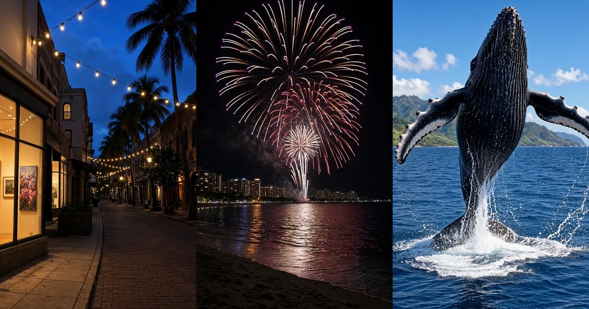 Three AI-generated Hawaiʻi holiday-season scenes side by side: a street lined with string lights and palm trees at dusk, fireworks over the ocean at night, and a humpback whale breaching below green mountains