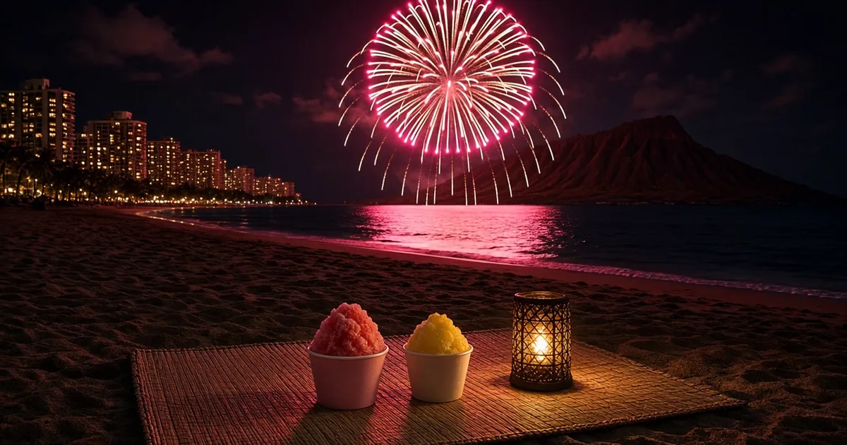 Fireworks over the ocean off Waikīkī at night, with two shave ice cups and a lantern on a beach mat (AI-generated image)