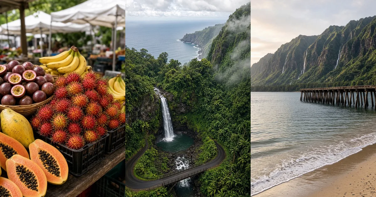 Three AI-generated Hawaiʻi scenes side by side: a farmers market stall of papaya, rambutan and bananas, a waterfall beside a winding coastal road, and a calm bay with an old pier below green cliffs